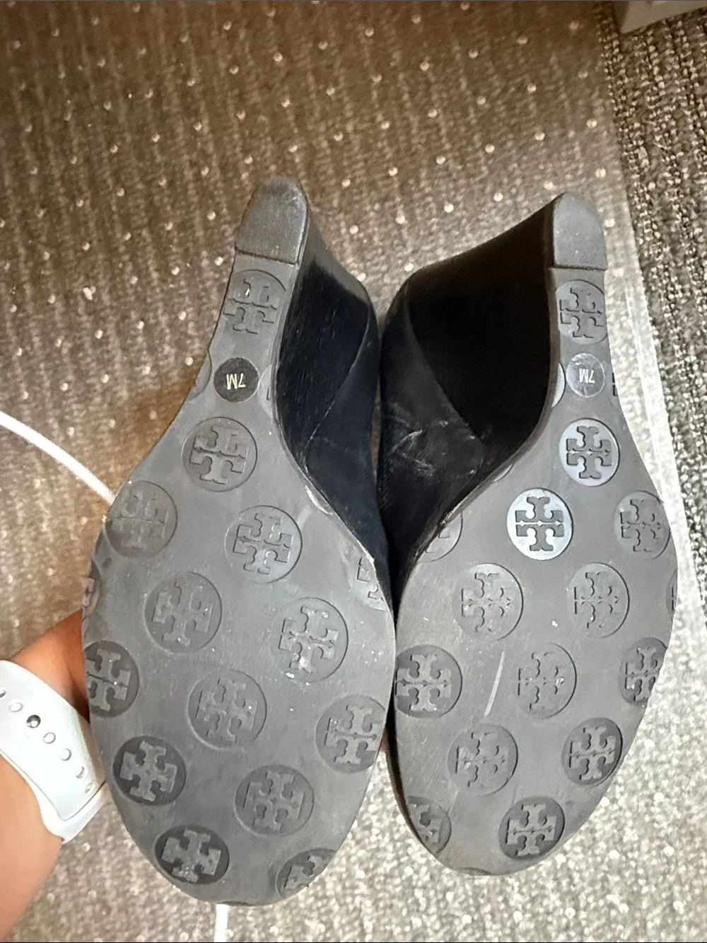 Tory Burch Black Leather Wedges with Gold Logo Medallion